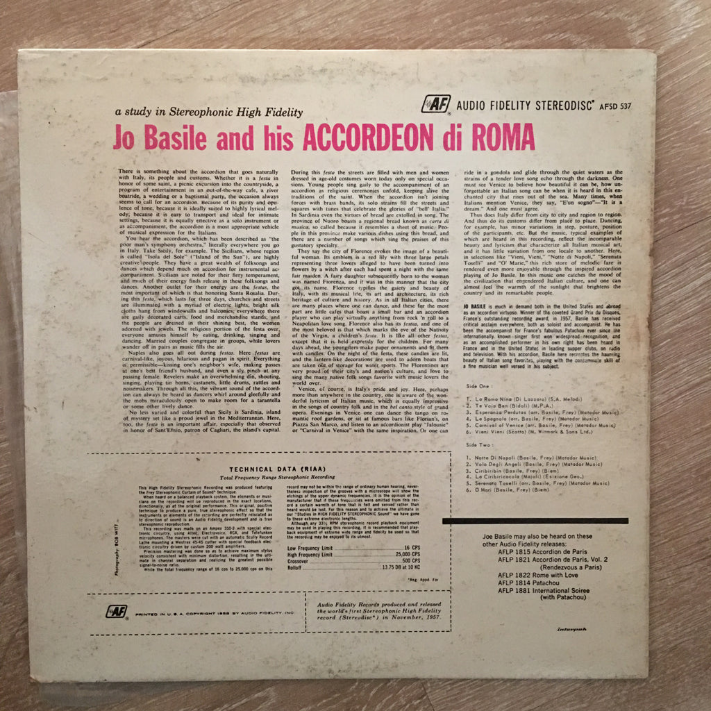 Joe Basile And His Accordeon Di Roma Vol2 Vinyl Lp Record Opened C Plan Audio