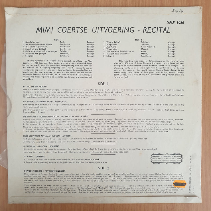 Mimi Coertse – Recital - Vinyl LP Record - Very-Good+ Quality (VG+) (verygoodplus)  (D)